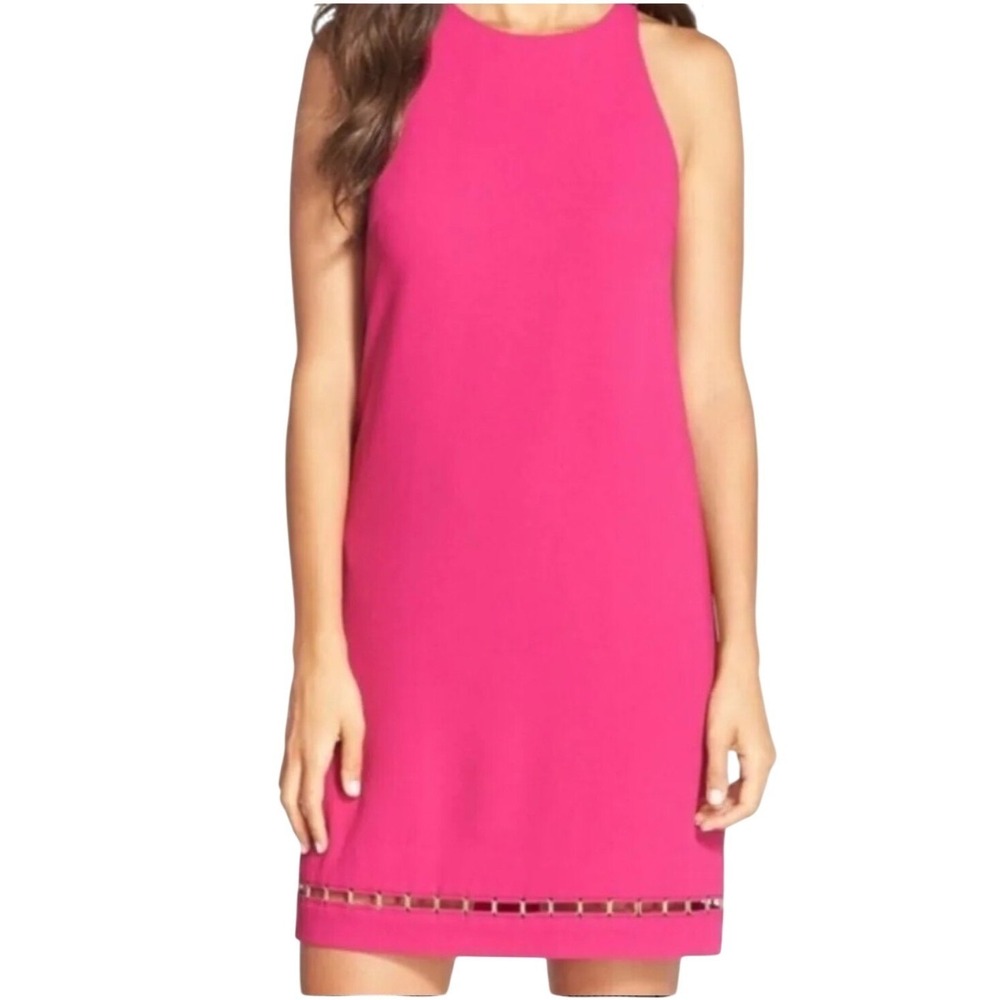 Trina Turk Alek Shift Dress Pink Fuchsia Gold Trim Sleeveless Size 8 Cocktail